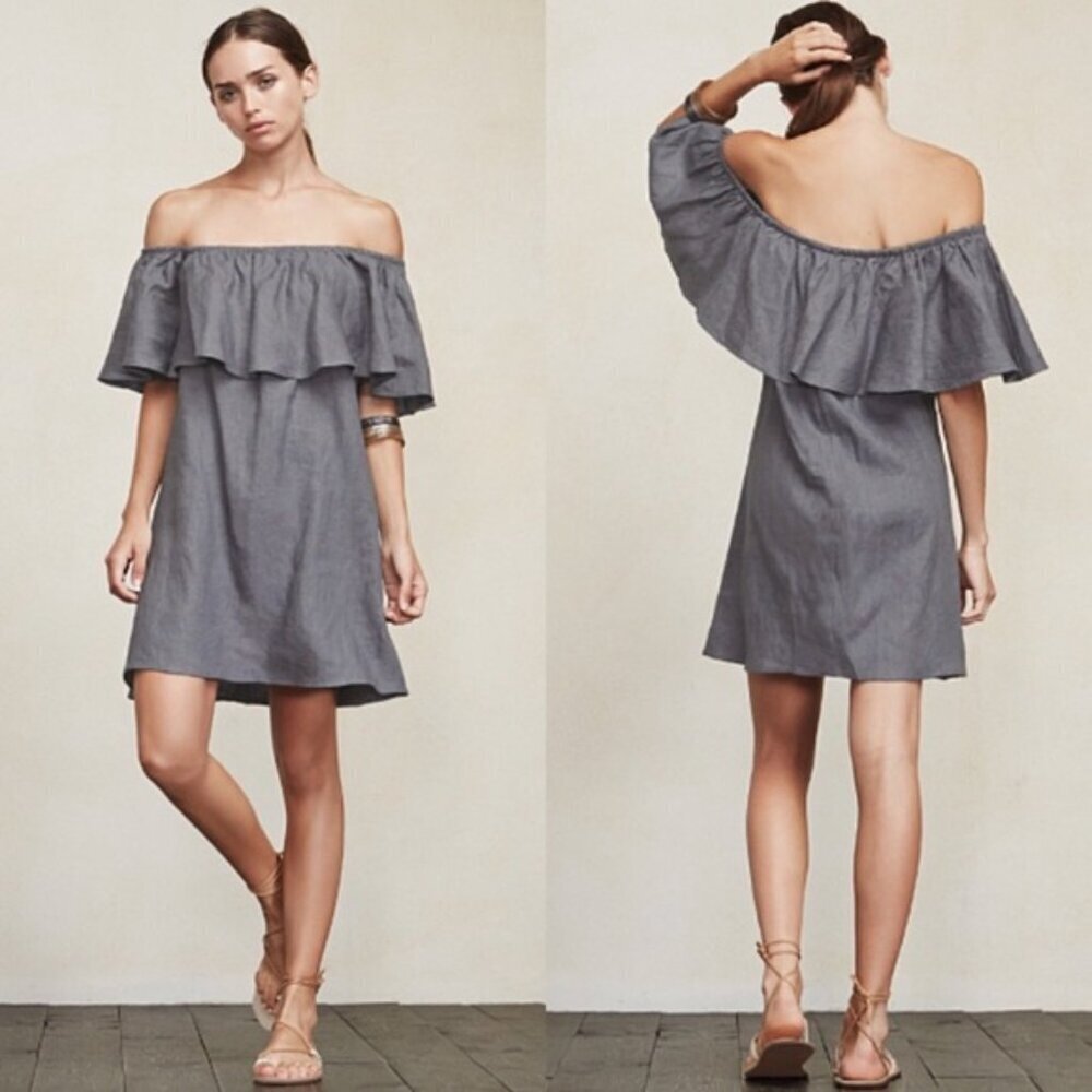 Reformation Tennessee Panama Gray Chambray Denim Ruffled Mini Dress Size Small
